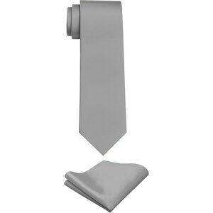 Men's Light Grey Solid Color Imported Formal Neck Ties And Pocket Square Sets